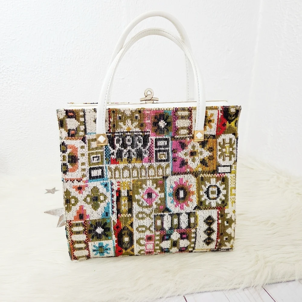Vintage Tapestry Satchel Bag Rainbow Geometric Boho White Leather Kisslock Frame
